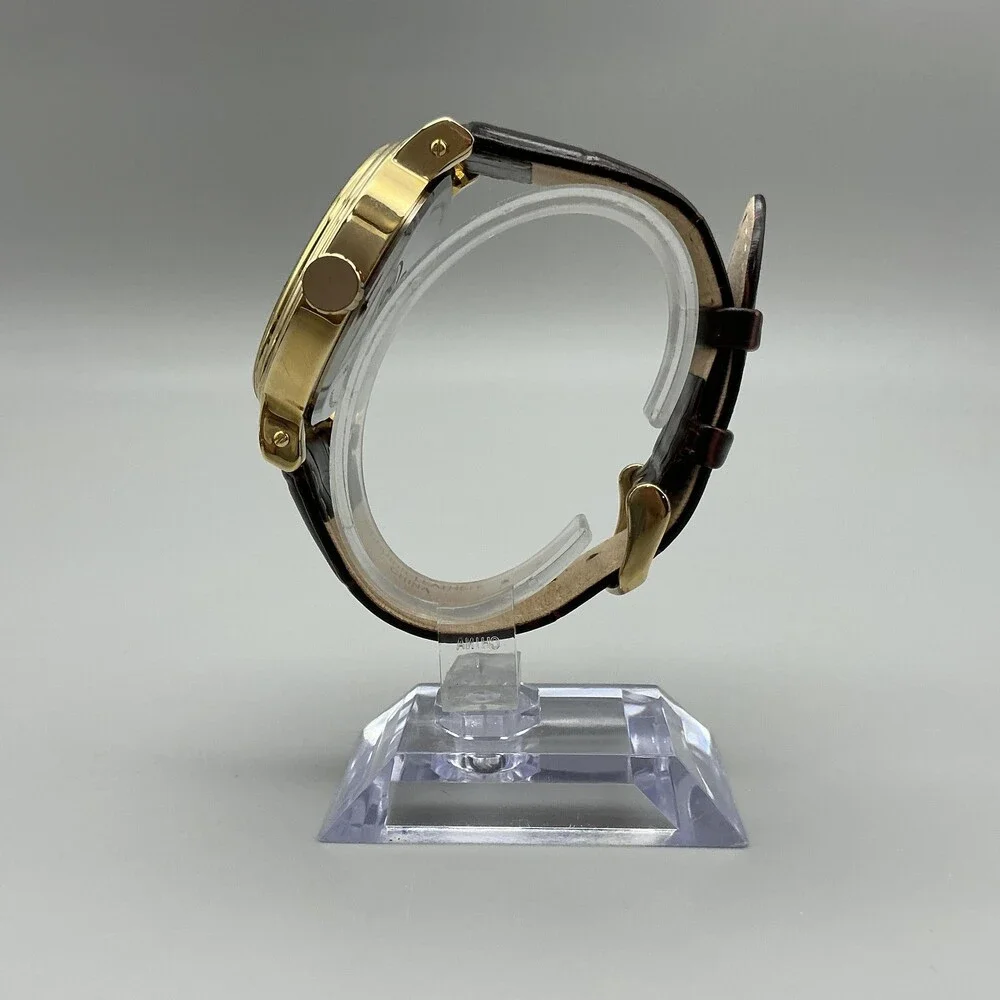 Disney Mickey Mouse Men Watch 43mm Gold Tone Brown Leather P234.85574.4 New Batt